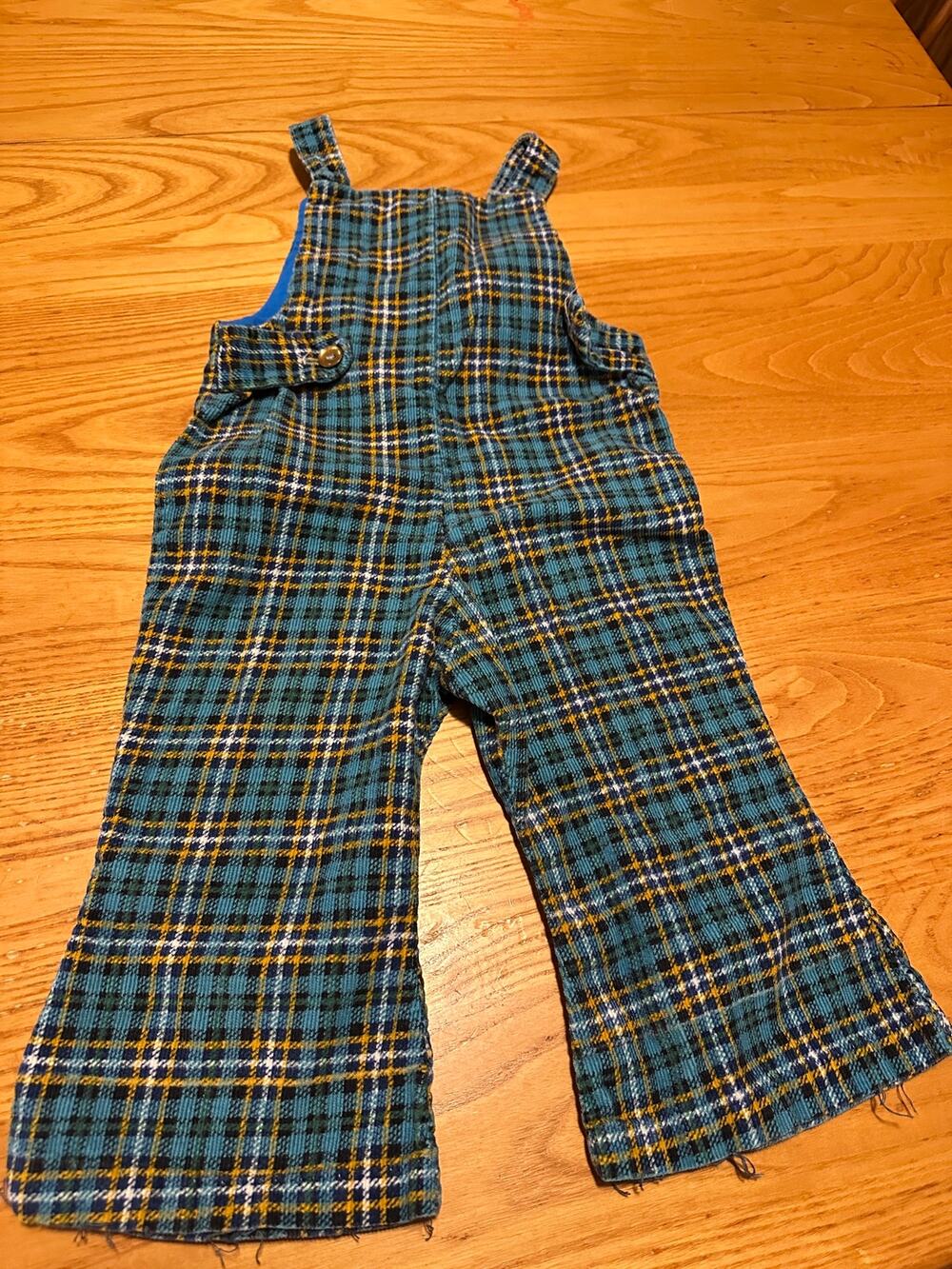 Vintage 70s Plaid Corduroy Toddler Overalls Blue Teal Yellow Flare Leg Pants 2T
